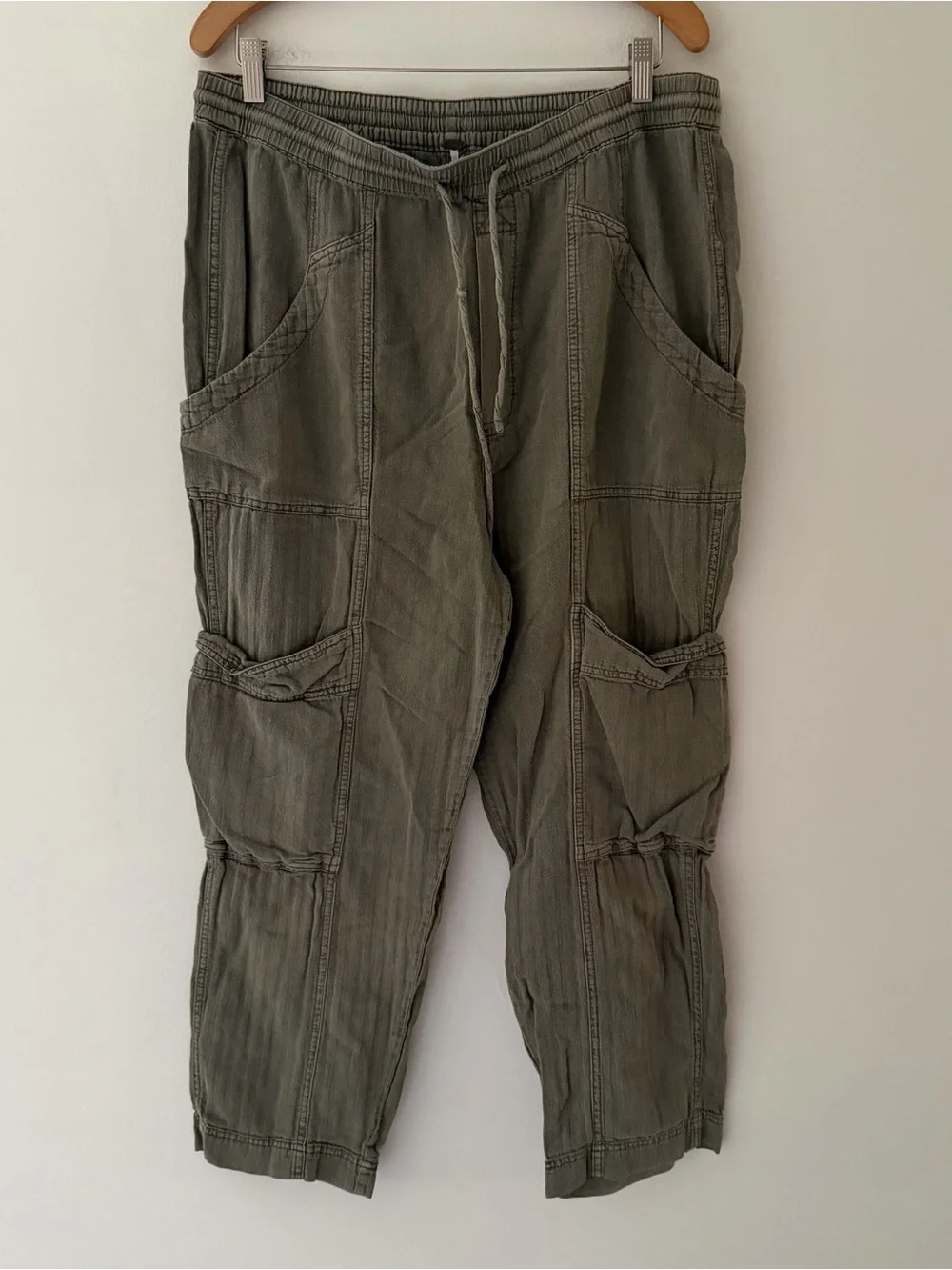 Free People Pants Feelin Good Utility Pull On Linen Blend Olive Green Size Larhe
